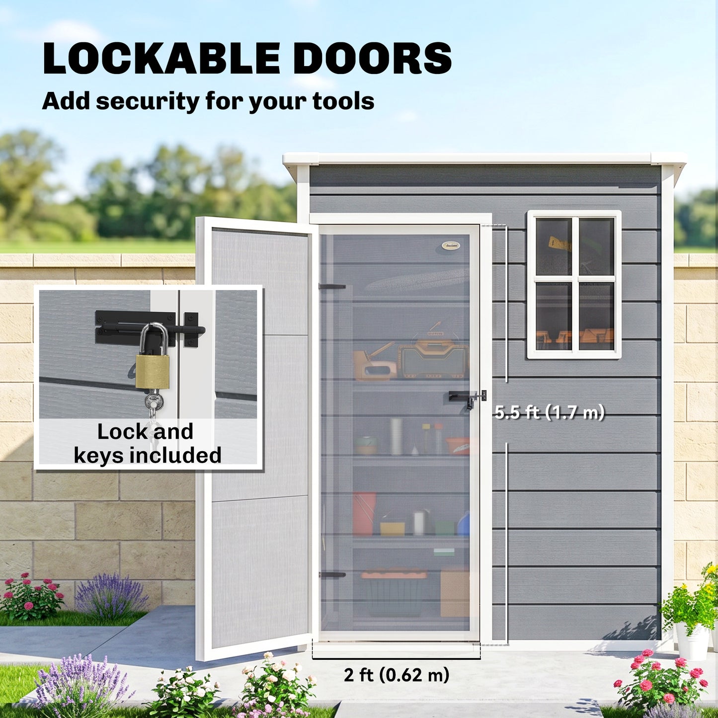 Outsunny 5' x 3' Plastic Garden Shed with Floor, Outdoor Storage Shed with Lockable Door, Window and Vent for Garden, Patio, Grey