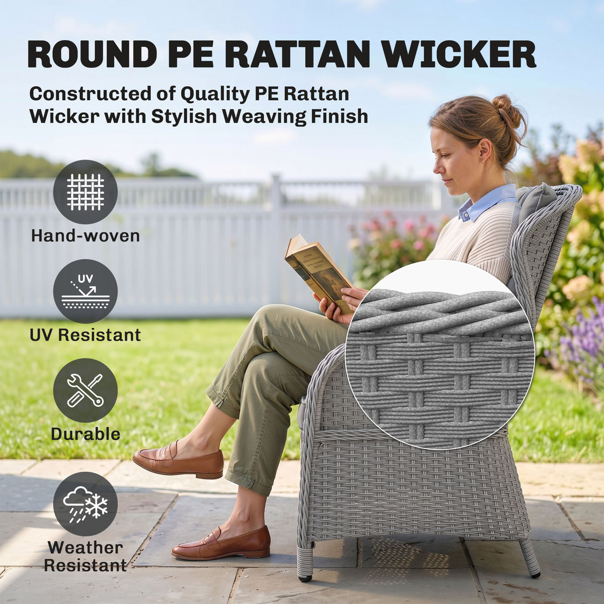 Gray PE rattan outdoor armchair with woven sides and a cushioned high back