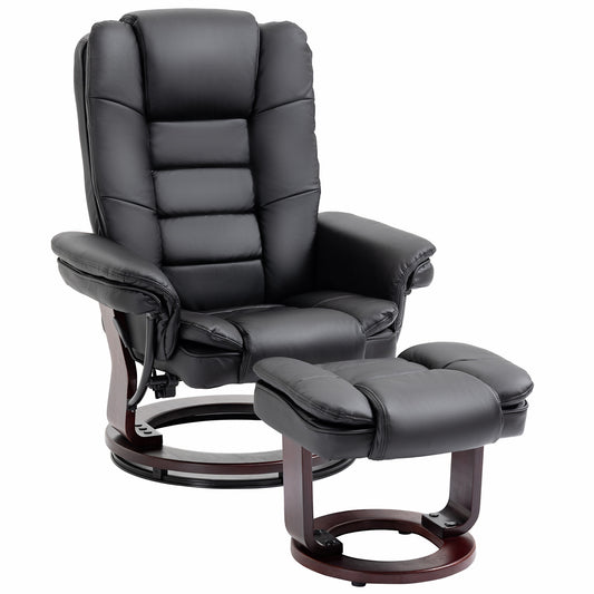 Photo of HOMCOM Recliner Chair With footstool, Recliner Armchair up to 130kg Weight Capacity, 135° Reclining Swivel Sofa Chair, PU Leather Ergonomic Couch Bed with Swivel Wood Base for Living Room, Black in Black colour on a white background