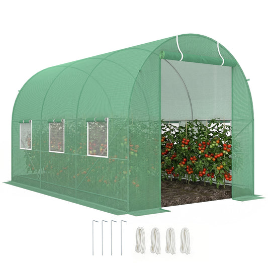 Green walk-in polytunnel greenhouse with open roll-up door, side windows and anchoring accessories