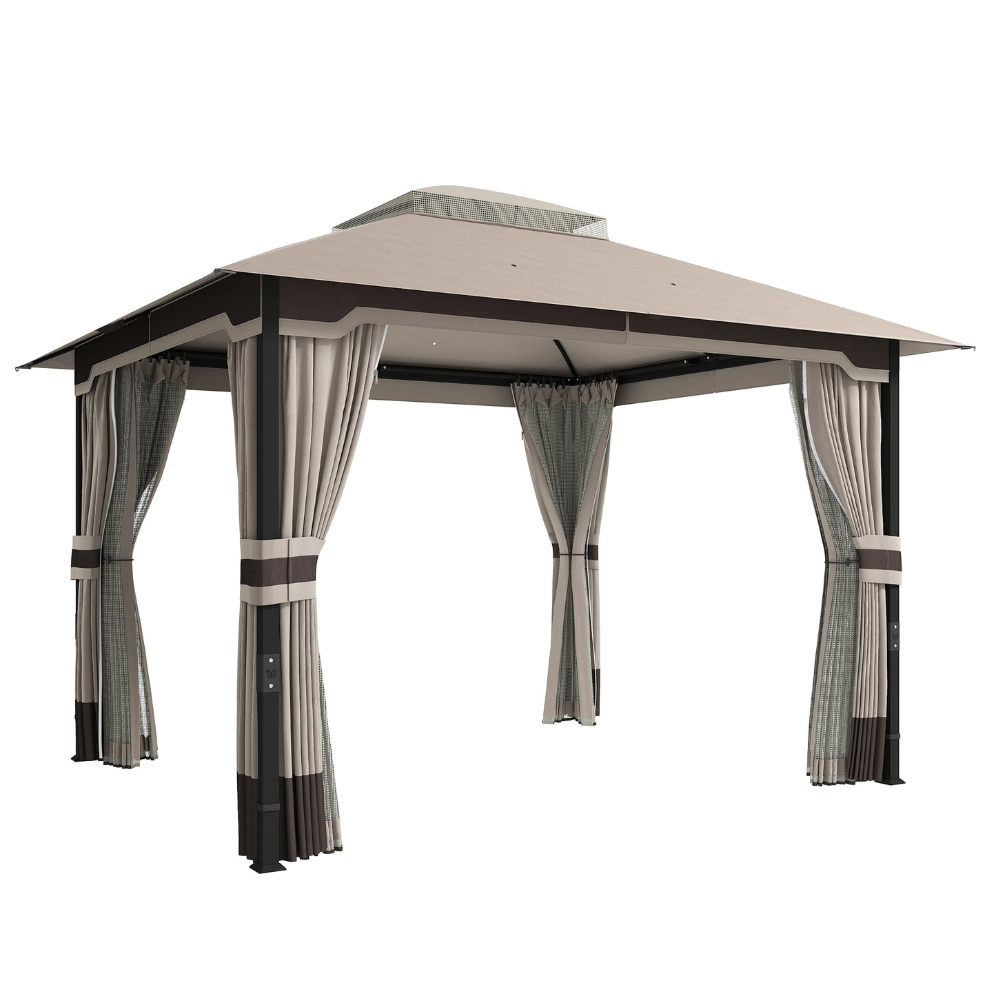 Photo of Outsunny 3 x 3.6 m Outdoor Garden Gazebo with Netting and Curtains, Double Roof Patio Gazebo Permanent Pavilion, Khaki in Khaki colour on a white background