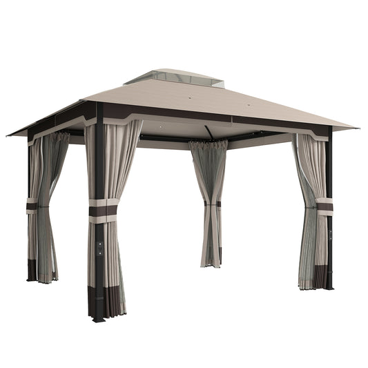Photo of Outsunny 3 x 3.6 m Outdoor Garden Gazebo with Netting and Curtains, Double Roof Patio Gazebo Permanent Pavilion, Khaki in Khaki colour on a white background