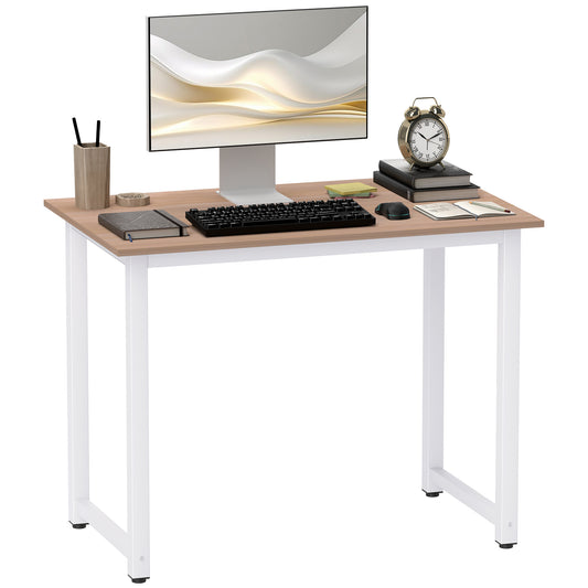 Photo of HOMCOM Computer Desk, Writing Table, 100 x 60 x 76cm Workstation for Home Office, Study with Metal Frame, Simple Assembly, White in White colour on a white background