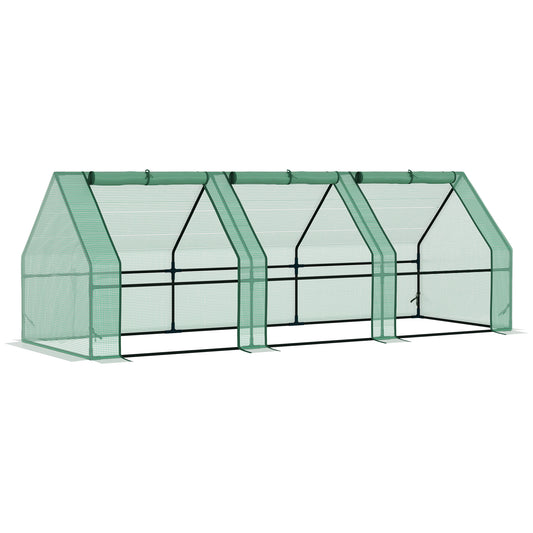 Photo of Outsunny Mini Small Greenhouse with Steel Frame & PE Cover & Zipped Window Poly tunnel Steeple for Plants Vegetables, 270 x 90 x 90 cm, Green in Green colour on a white background
