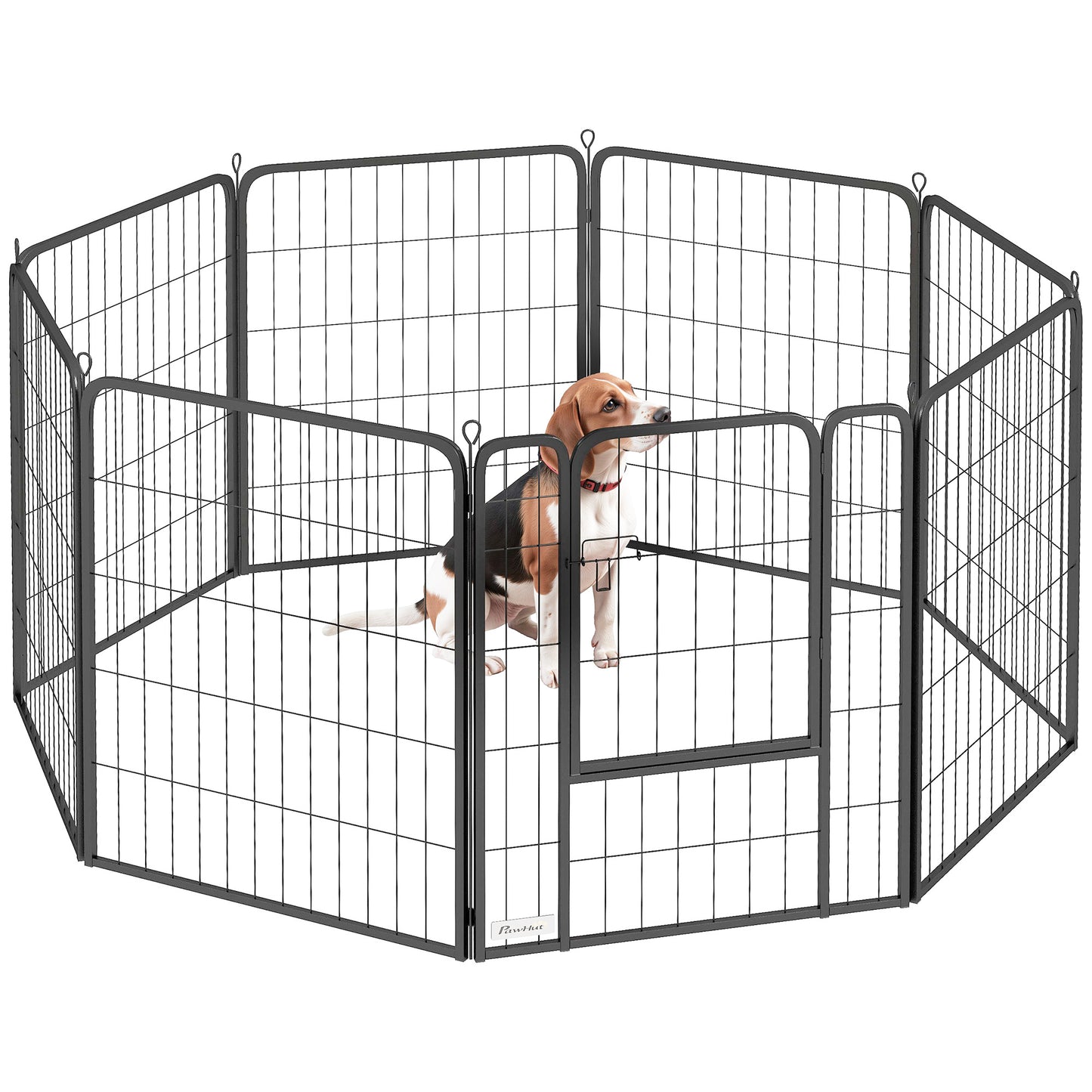 Photo of PawHut Eight-Panel Dog Playpen with Door, for Large Dogs, Indoors, Outdoors, 80cm Tall, Black in Black colour on a white background