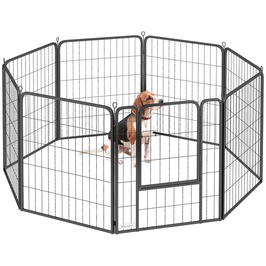 Photo of PawHut Eight-Panel Dog Playpen with Door, for Large Dogs, Indoors, Outdoors, 80cm Tall, Black in Black colour on a white background