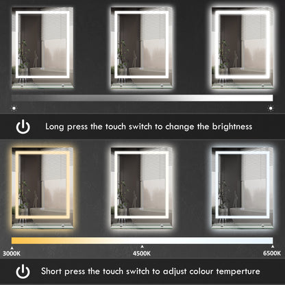 LED bathroom mirror showing dimmable brightness and three color temperatures