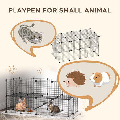 Black wire small-animal playpen shown with rabbits and enclosure examples for other pets