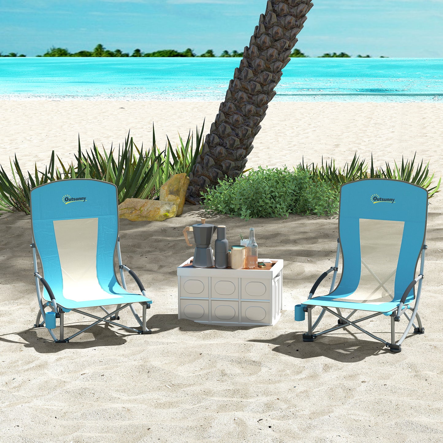 Outsunny Set of 2 Folding Beach Chair, Low Camping Chair with Mesh Back, Carry Bag and Cup Holder for Garden Outdoor Picnic Festival Travel, Blue
