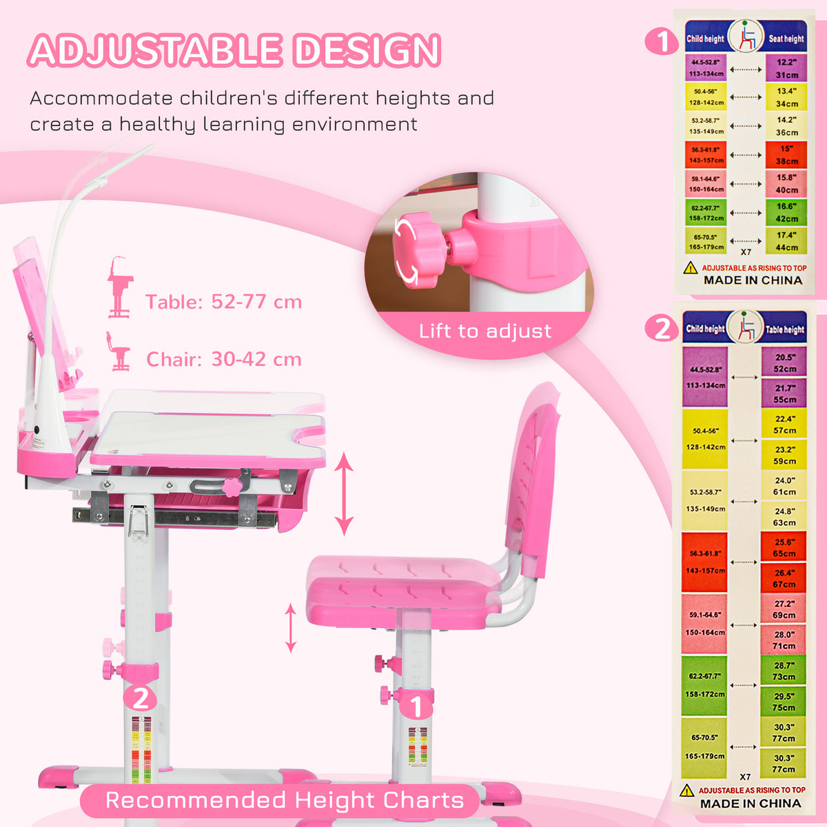Pink adjustable-height kids' desk and chair set with height guides and adjustment knobs