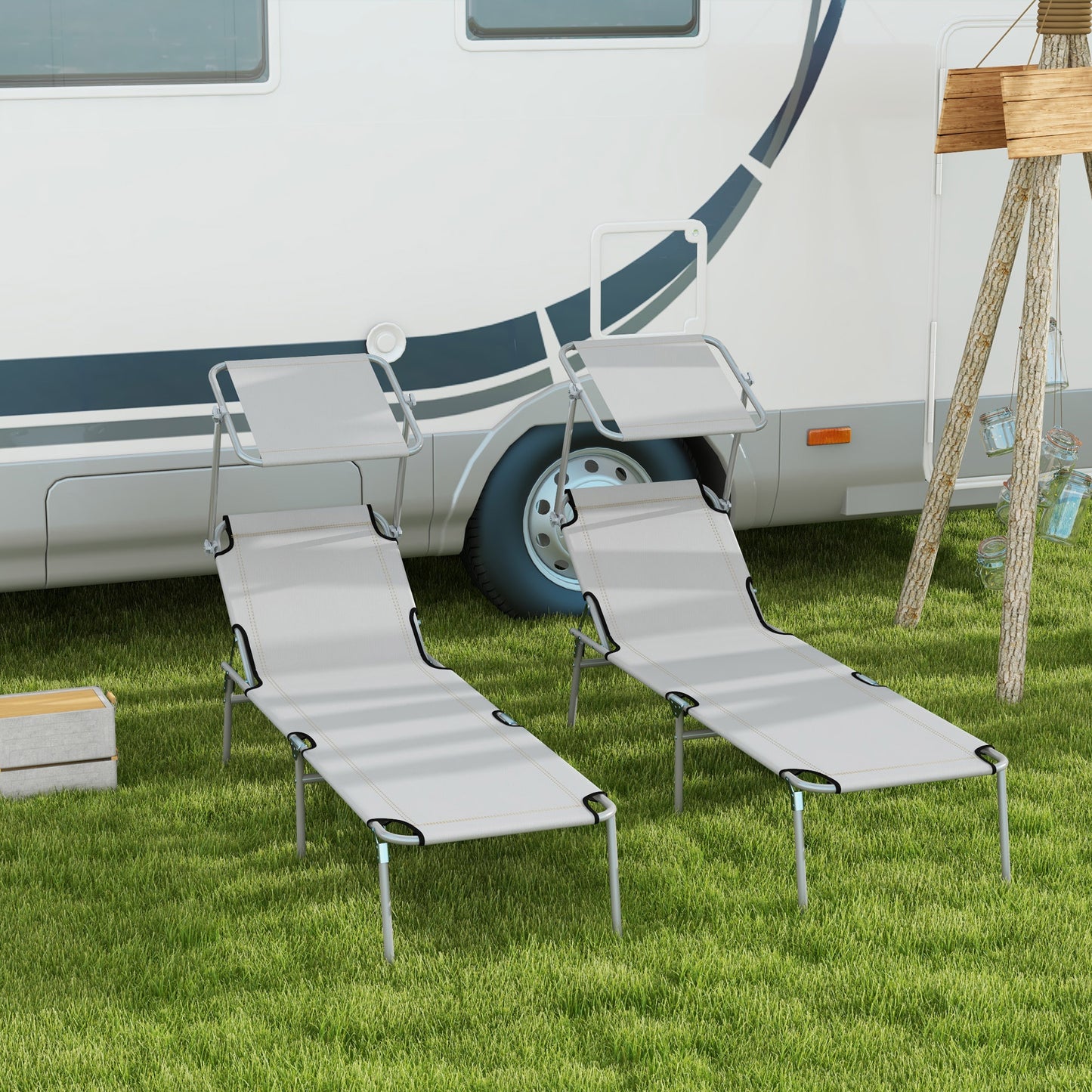 Outsunny Folding Sun Lounger Set of 2 with Canopy, Reclining Sunbed with 4-Position Adjustable Backrest, 600D Oxford Cloth, Portable Garden Lounger Recliner Chair for Beach, Camping, Patio, Light Grey