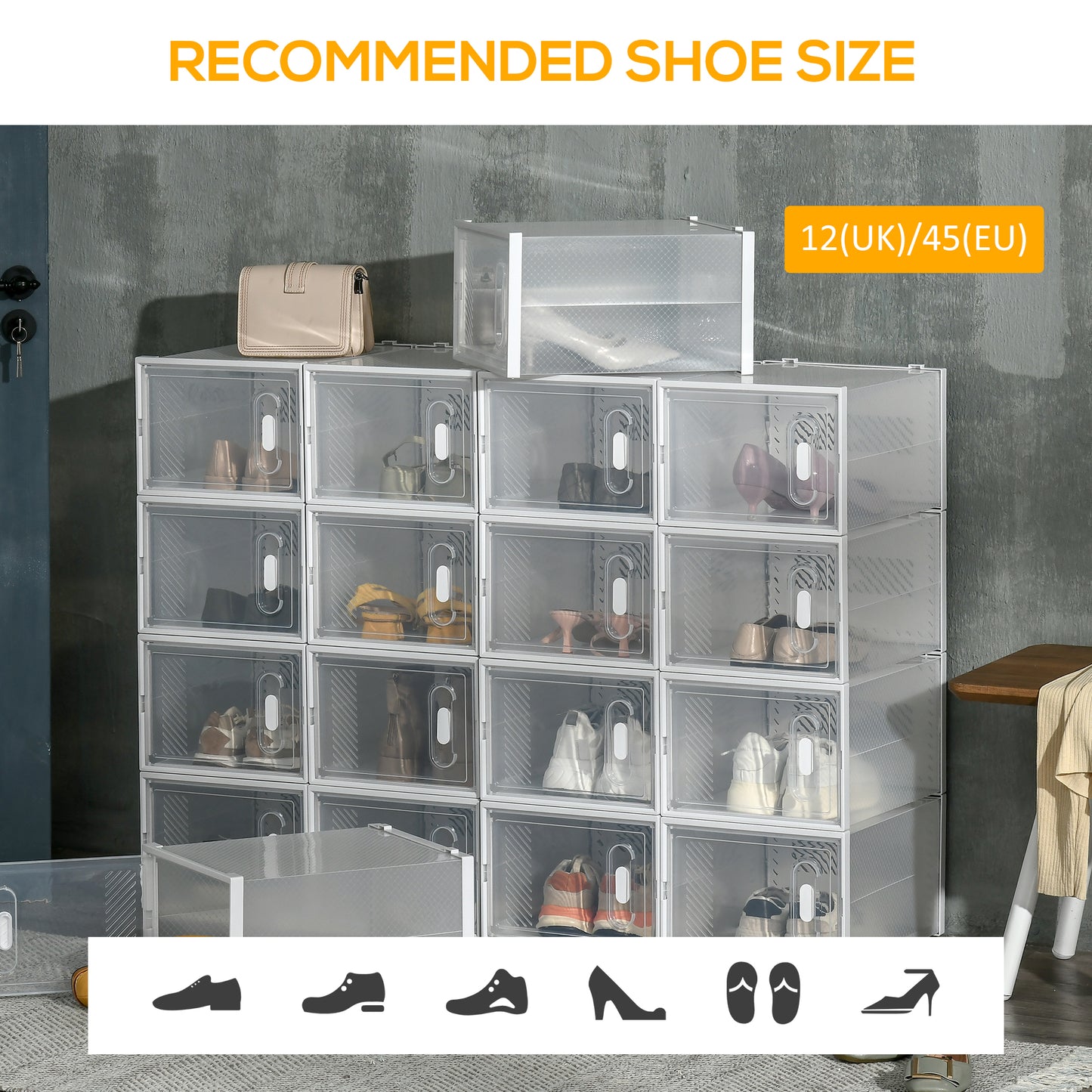 HOMCOM 18PCS Clear Shoe Box, Plastic Stackable Shoe Storage Box for UK/EU Size up to 12/46 with Magnetic Door for Women/Men, 28 x 36 x 21 cm