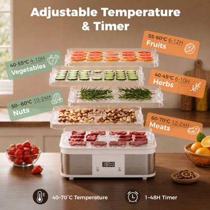 HOMCOM dehydrator with five food trays and adjustable temperature and timer controls