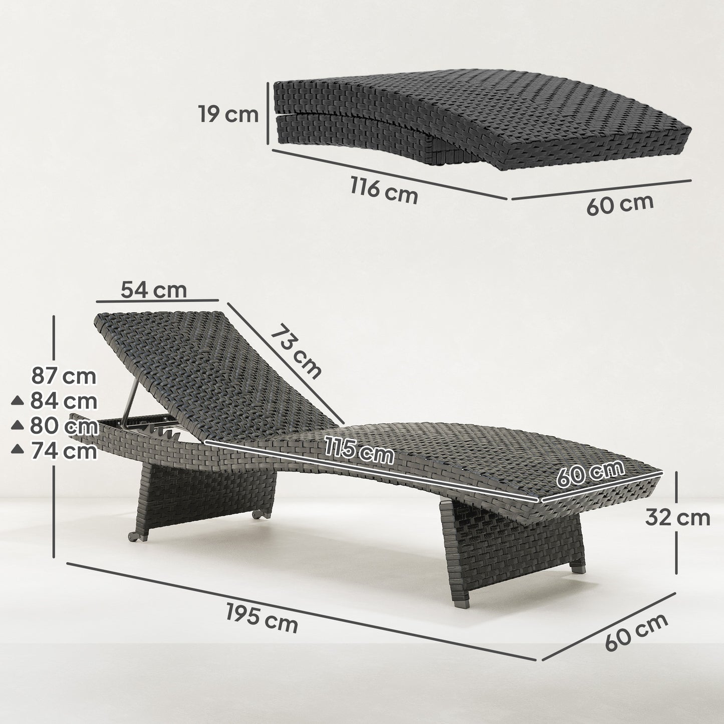 Outsunny Outdoor PE Rattan Sun Lounger, Folding Wicker Garden Lounger Recliner with 4-Level Adjustable Backrest, Rolling Sunbed Lounge Chair with Wheels, Non-Slip Legs for Balcony, Beach, Black