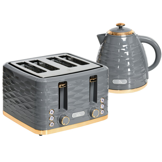 Photo of HOMCOM Kettle and Toaster Sets, 3000W 1.7L Rapid Boil Kettle & 4 Slice Toaster with 7 Browning Controls, Defrost, Reheat and Crumb Tray, UK Otter thermostat, Grey in Grey colour on a white background