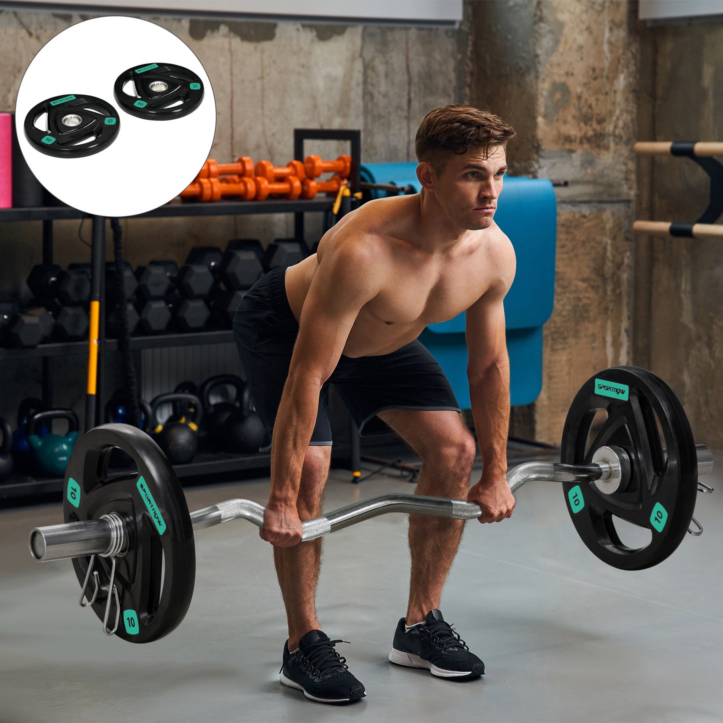 SPORTNOW Two 10kg Olympic Weight Plates, Tri-Grip Rubber-Coated Barbell Weights, with 5cm Holes, for Home, Gym, Office