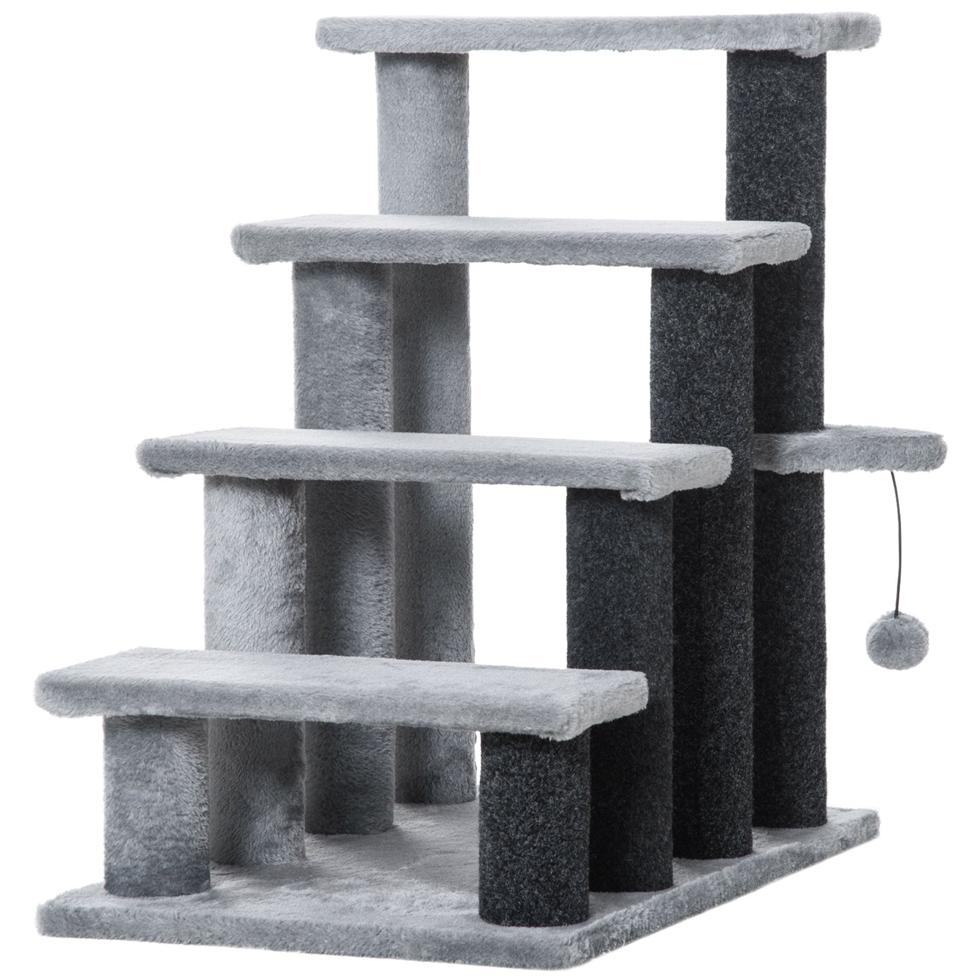Photo of PawHut 4-step Pet Stairs with Scratching Posts, Platforms, Toy Ball, Grey in Grey colour on a white background