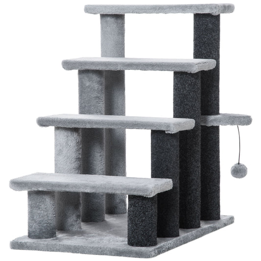 Photo of PawHut 4-step Pet Stairs with Scratching Posts, Platforms, Toy Ball, Grey in Grey colour on a white background