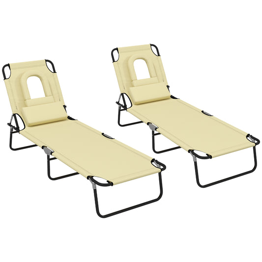 Photo of Outsunny Folding Sun Loungers Set of 2 with Face Hole, 4-Position Adjustable Backrest Garden Recliner Chair Sunbed, Outdoor Lounge Chair with 500 D Oxford Cloth Seat, Pillow for Beach, Beige in Beige colour on a white background