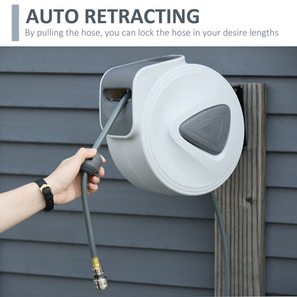 DURHAND gray air hose reel with hose pulled out for automatic retraction