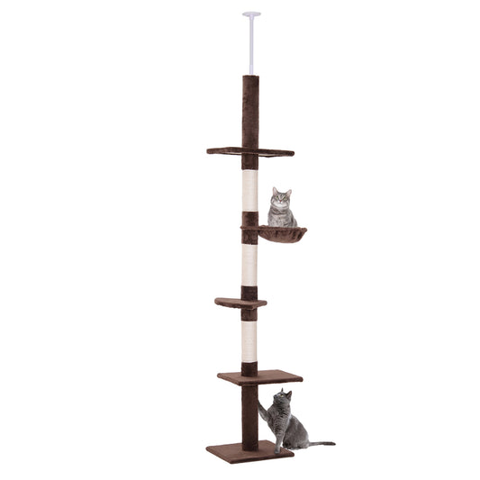 Photo of PawHut Floor to Ceiling Cat Tree 230-260cm Height Adjustable, 5-Tier Cat Tower with Scratching Posts, Hammock, Perches, Climbing Activity Centre for Indoor Kittens Playing and Relaxing, Brown in Brown colour on a white background