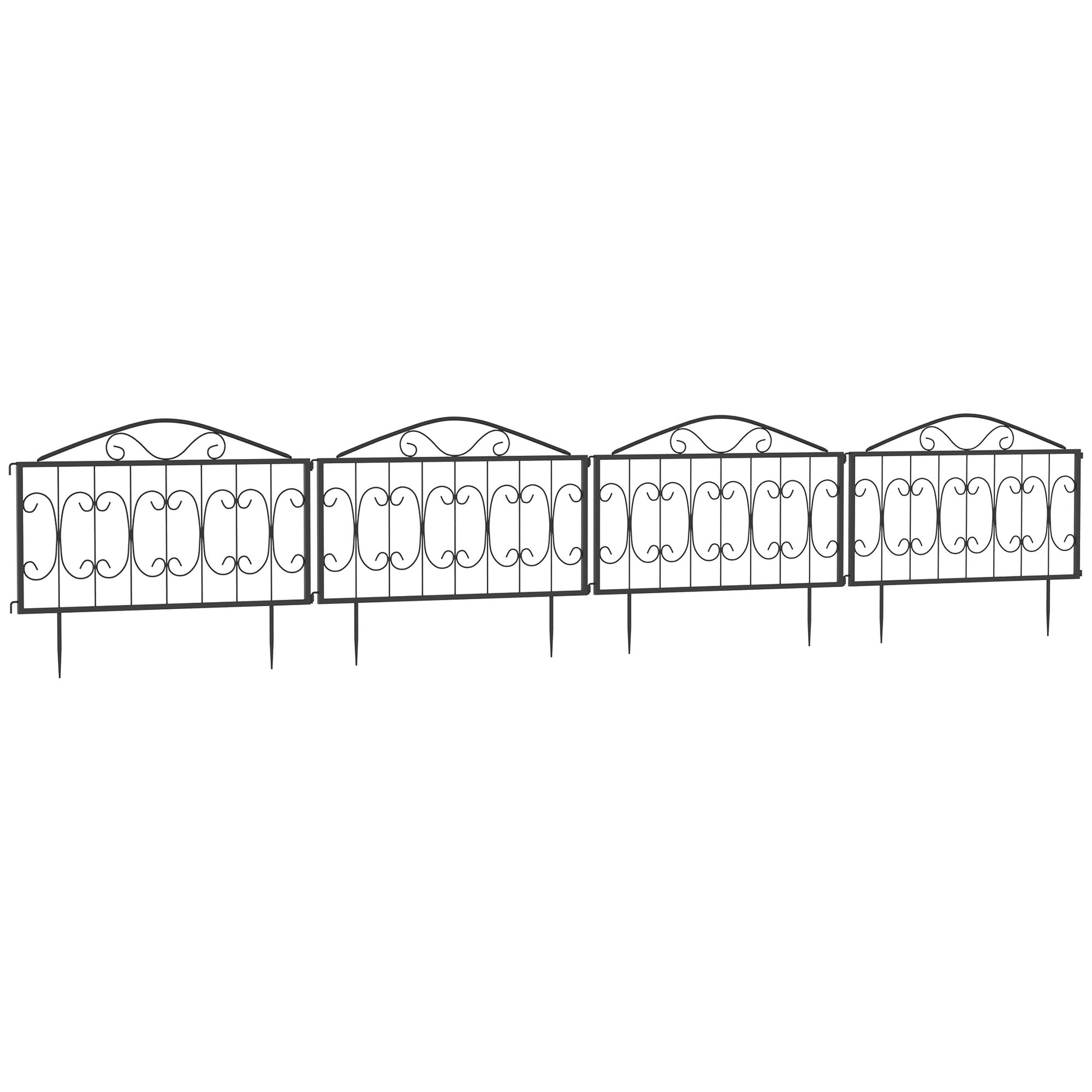 Photo of Outsunny Decorative Garden Fencing, 4PCs Outdoor Picket Fence Panels, Rustproof Metal Wire Landscape Flower Bed Border Edging Animal Barrier, Black in Black colour on a white background