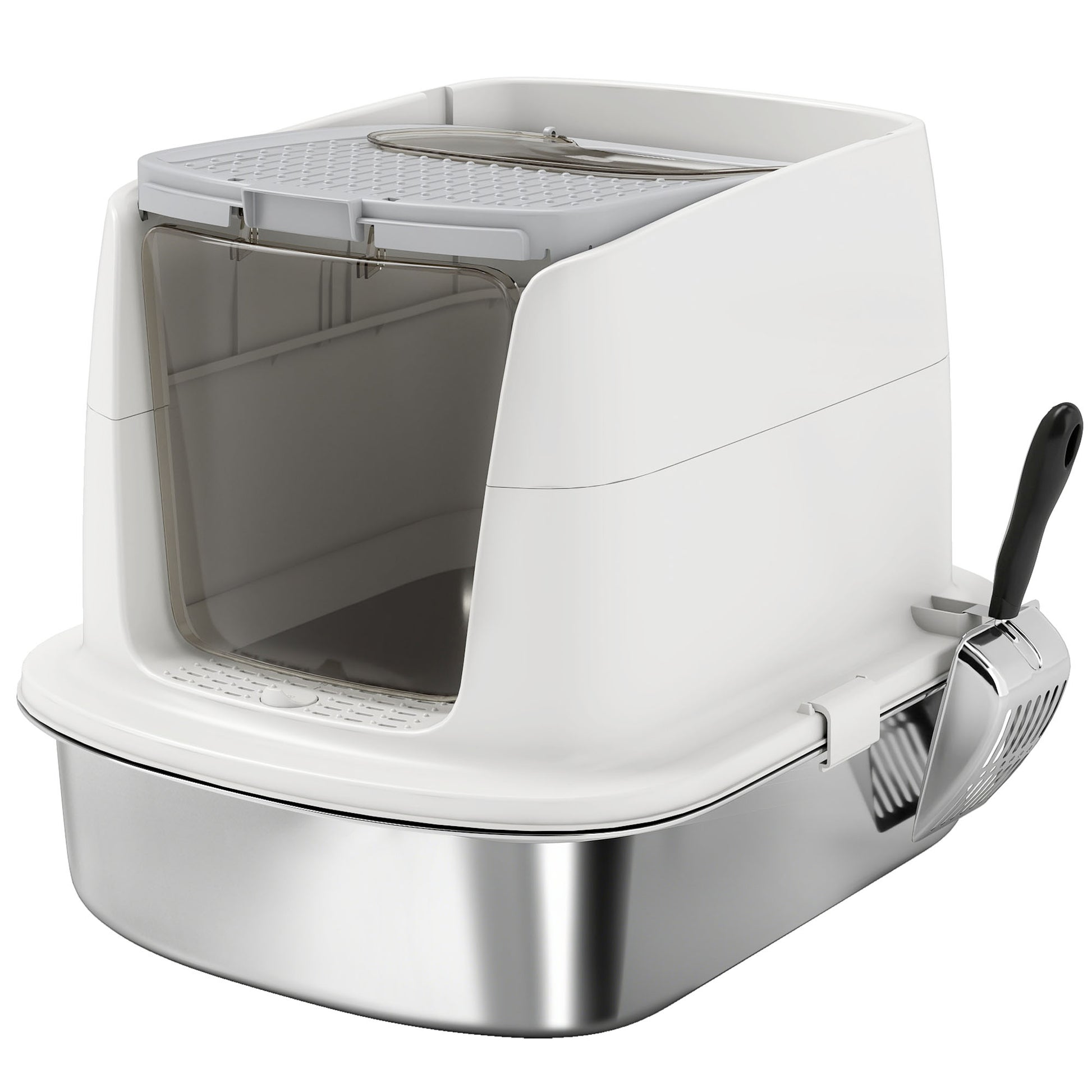 Photo of PawHut Large Stainless Steel Litter Box, Enclosed Metal Cat Litter Tray with Scoop, Deodoriser Bag, Front-Entry and Top-Exit in Top-Exit colour on a white background