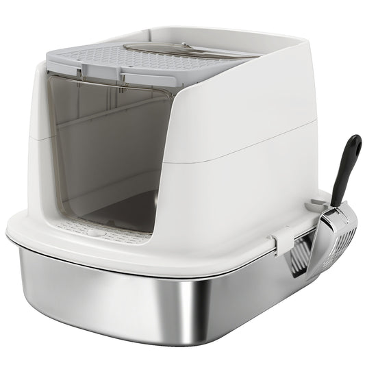 Photo of PawHut Large Stainless Steel Litter Box, Enclosed Metal Cat Litter Tray with Scoop, Deodoriser Bag, Front-Entry and Top-Exit in Top-Exit colour on a white background