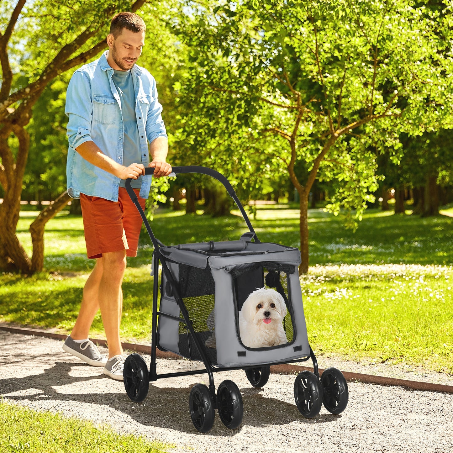 PawHut Dog Pram Dog Stroller 4 Wheels Pet Pushchair with Rolling Door, Cushion, Safety Leashes, for Small and Medium Breeds, Grey