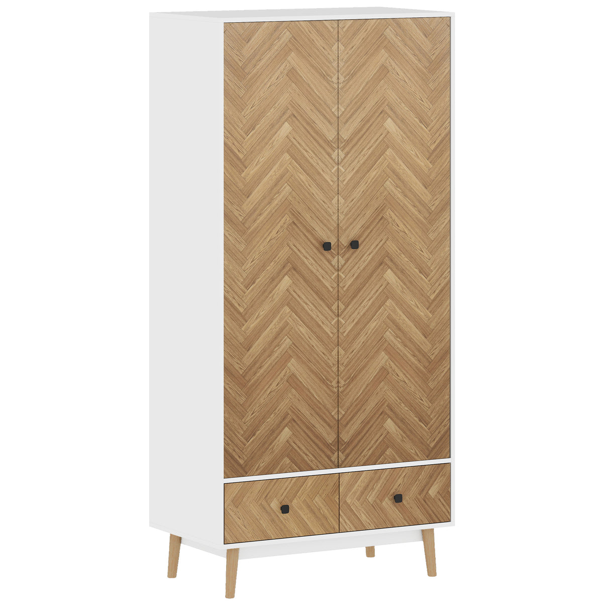 Photo of HOMCOM Cabinet Wood-Effect Sticker Surface, Modern Wardrobe with 2 Hanging Rods, 2 Storage Shelves and 2 Drawers, White in White colour on a white background