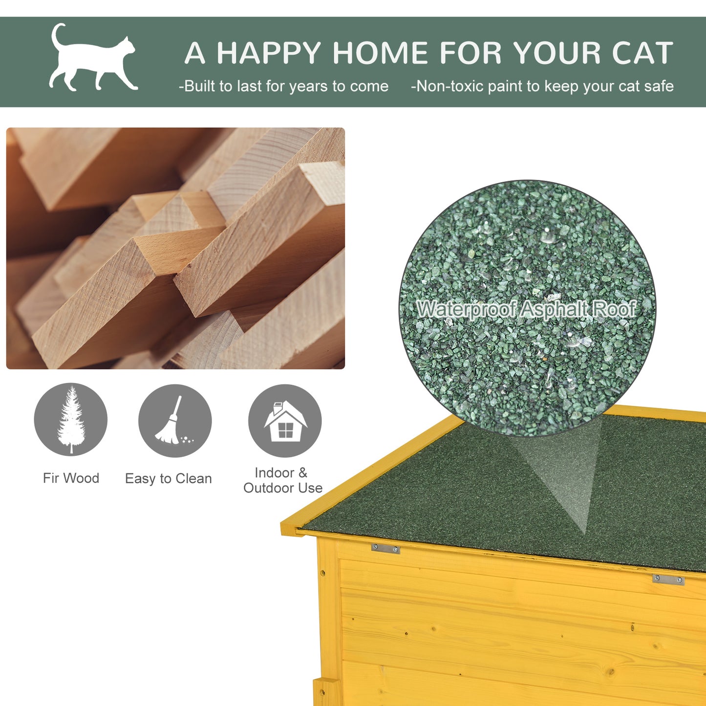 Pawhut Garden Wooden Cat House Hide Cage Outdoor Pet Play Home Waterproof Roof Kitty Shelter Kennel w/ith Door & Window