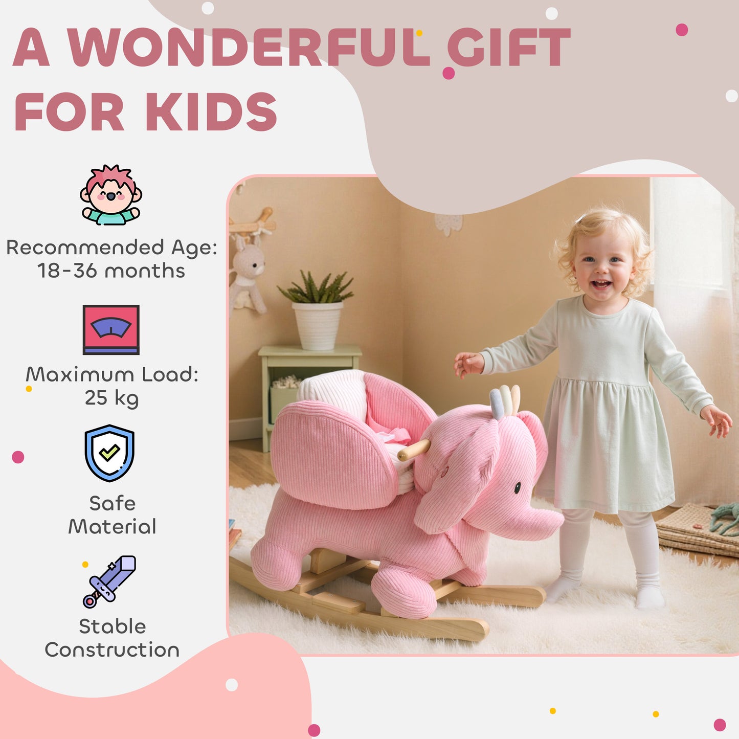 AIYAPLAY Kids Rocking Horse, Baby Ride on Elephant Rocker with Safety Belt and Sound for Toddlers 18 to 36 Months, Pink