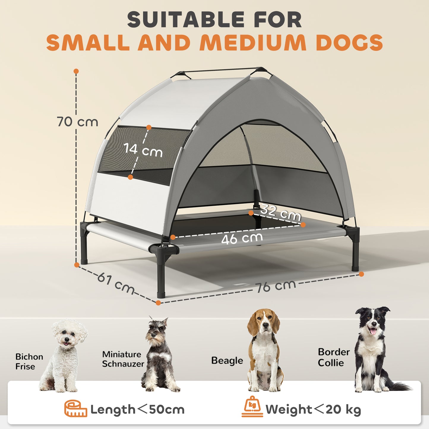 PawHut Portable Elevated Dog Bed with Removable Canopy, Cooling Raised Pet Cot for Small Medium Dogs, 76 x 61 x 70 cm
