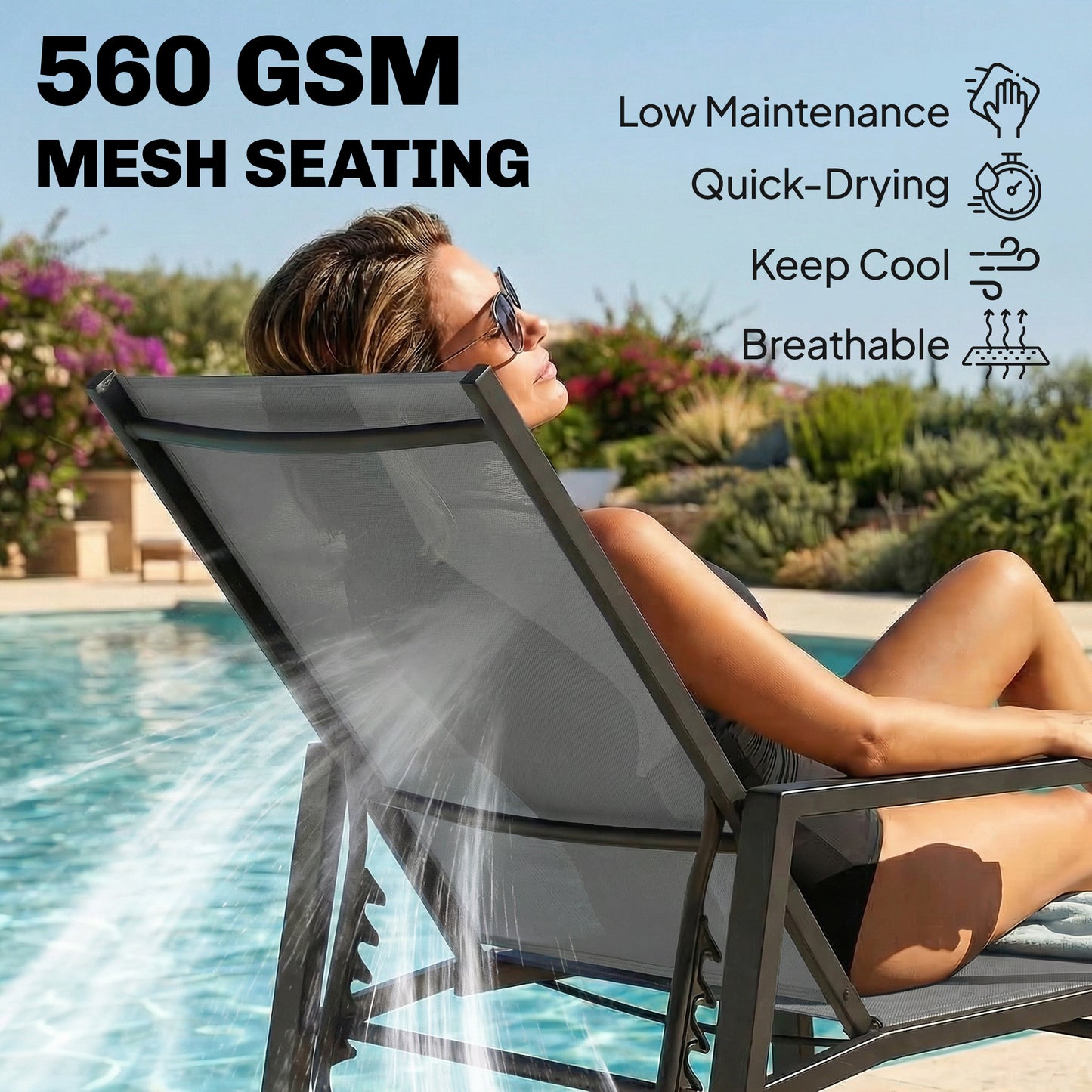 Outsunny Sun Lounger Retracable Footrest 5-Position Adjustable Steel Frame for Beach, Porch, Patio, Camping, Dark Grey