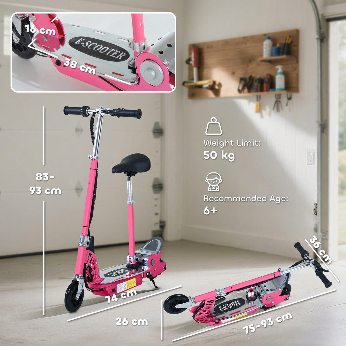 HOMCOM pink scooter shown upright and folded, with adjustable handlebar and seat