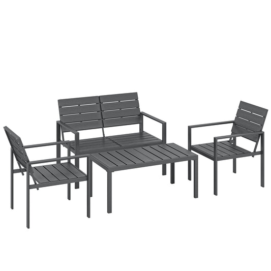 Photo of Outsunny 4 Piece Garden Furniture Set, Outdoor Sofa Set with HDPE Slatted Loveseat Armchairs Coffee Table Metal Frame, Dark Grey in Grey colour on a white background