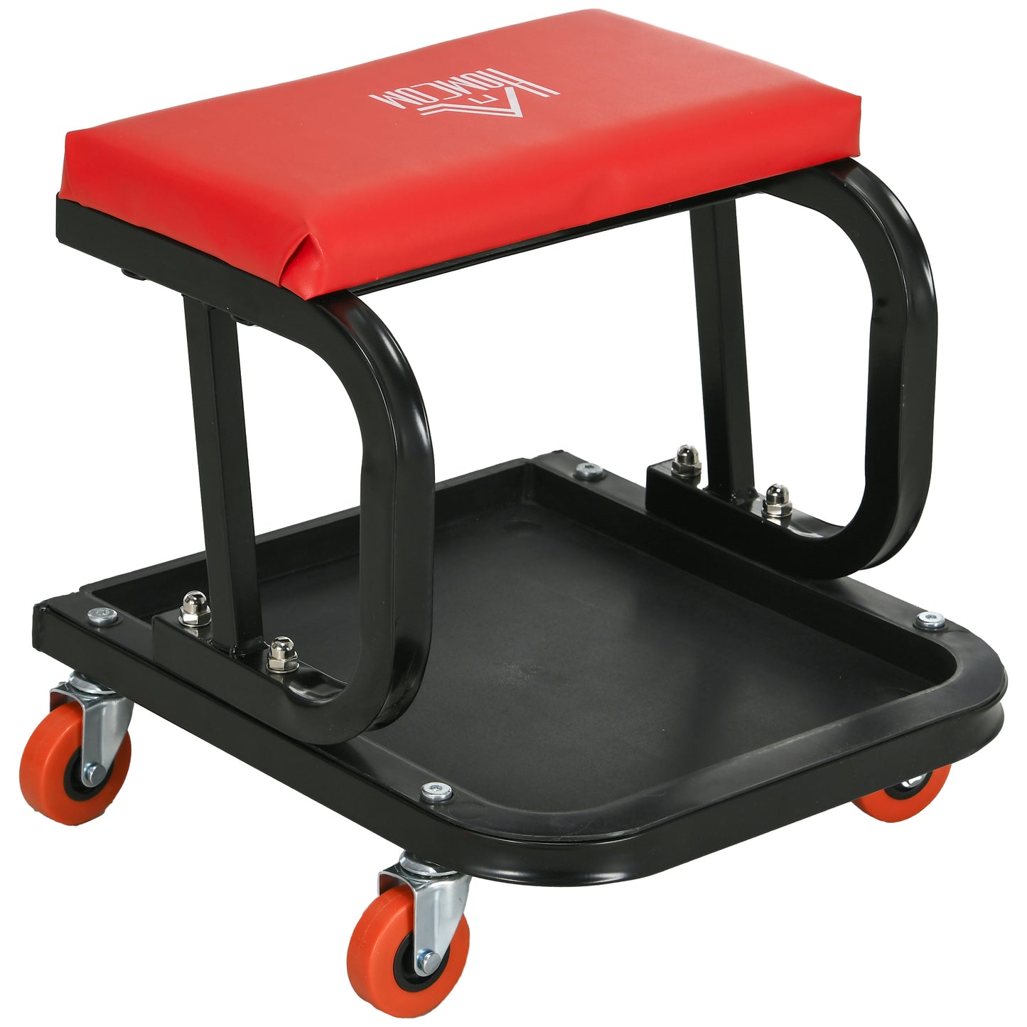 Photo of HOMCOM Workshop Stool, Rolling Machine Stool with 360° Swivel, Padded Seat, Tool Tray, Red in Red colour on a white background