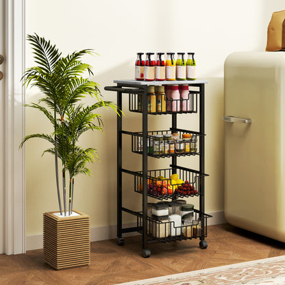 HOMCOM four-basket rolling island with a gray top, stocked with bottles, jars, and produce