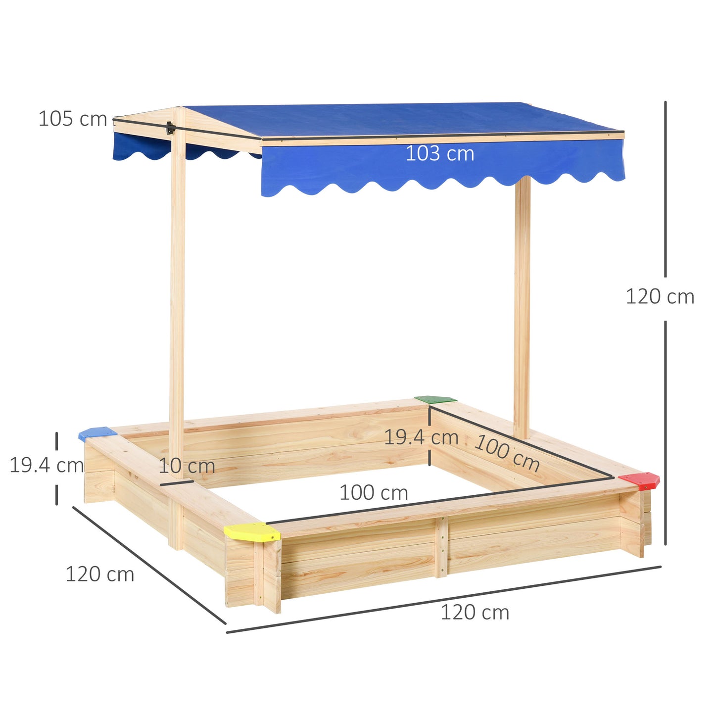 Outsunny Sandpit, Kids Wooden Sandbox with Adjustable Canopy, Bench Seats & Protective Corners for 3-6 Years Boys Girls, 120x120x120cm