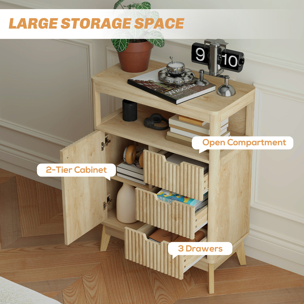 Sideboard shown open, with cabinet shelves, three drawers, and a spacious upper compartment