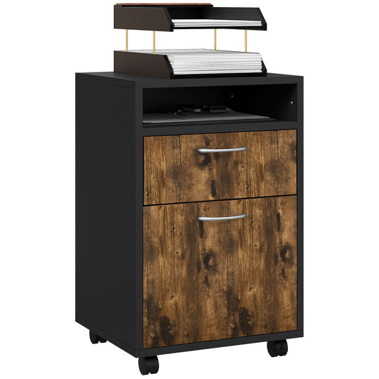 Photo of HOMCOM Filing Cabinet, Mobile File Cabinet with 2 Lockable Drawers, Office Home Organiser on Wheels for A4, Letter-Size File Folders, Mobile Printer with Open Shelf, Rustic Brown in Brown colour on a white background