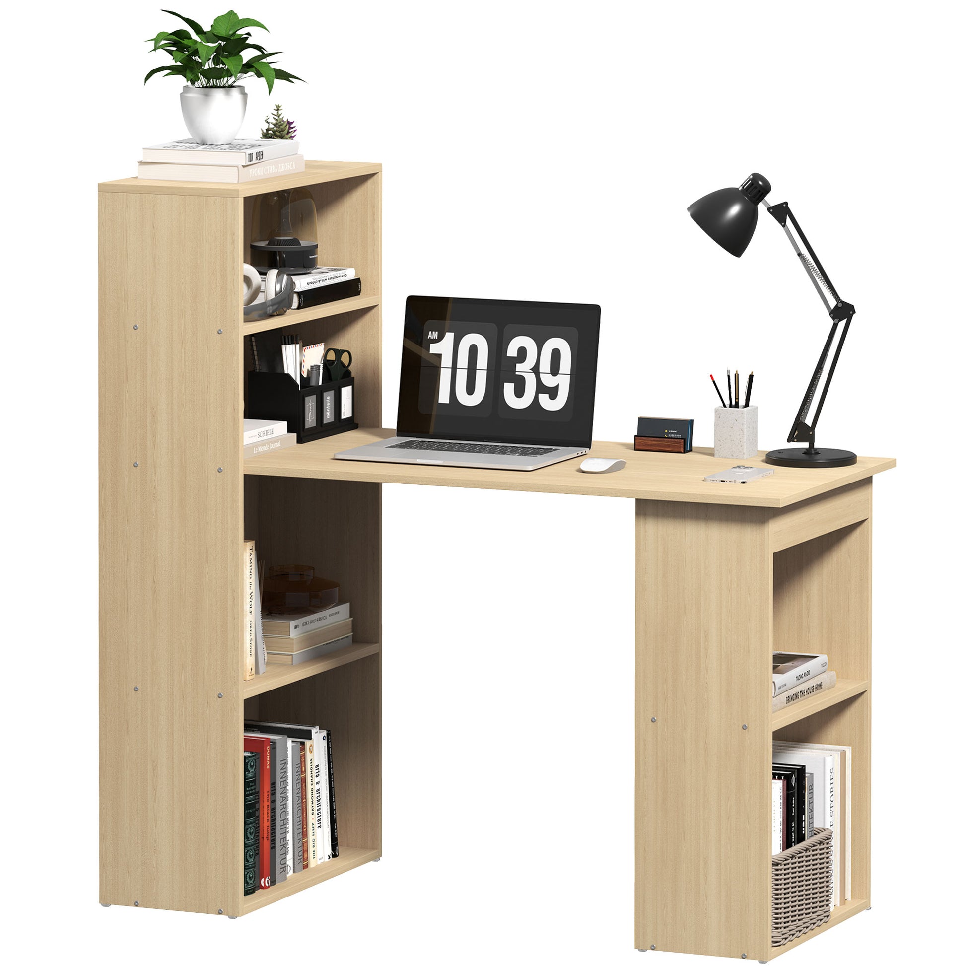 Photo of HOMCOM 120cm Computer Desk, Wooden PC Laptop Table with 6-Tier Storage Bookshelves, Home Office Working Study Desk, Writing Workstation, Natural Wood in Wood colour on a white background