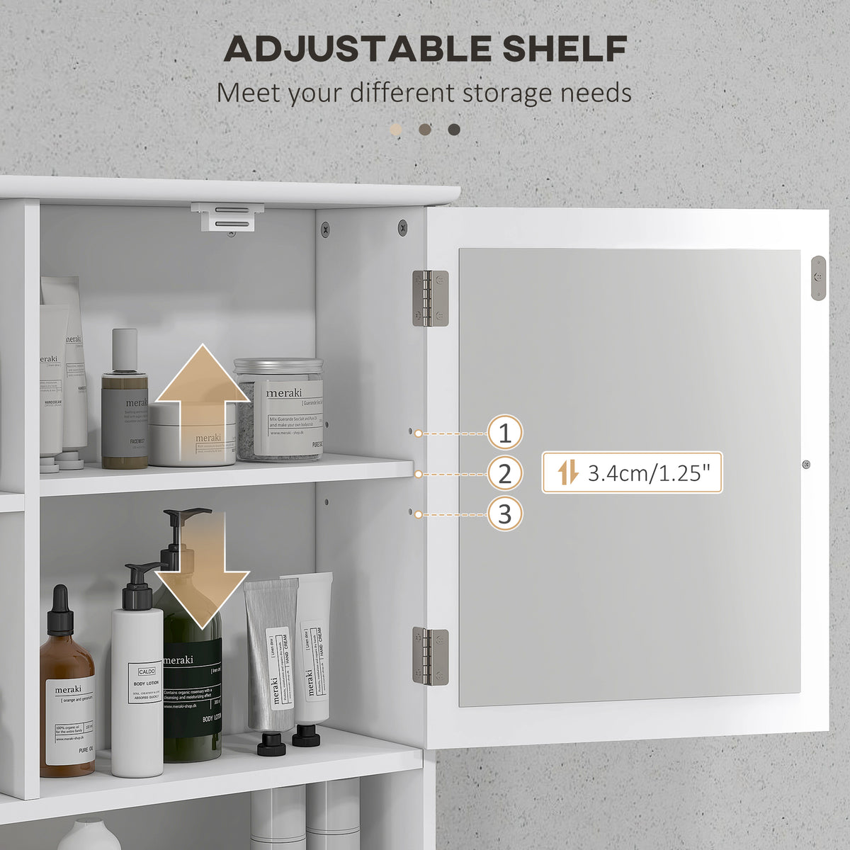 Bathroom cabinet with adjustable shelves and open mirrored door