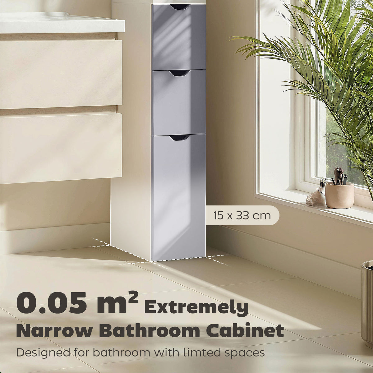 HOMCOM slim gray bathroom cabinet with three drawers and a 15 by 33 cm footprint