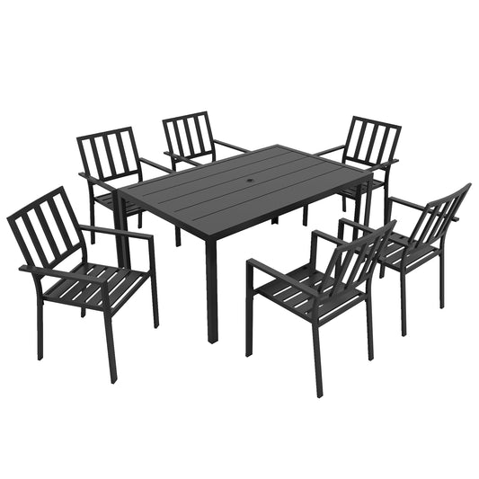Photo of Outsunny Seven-Piece Minimal Metal Garden Dining Set, with Parasol Hole - Black in Black colour on a white background