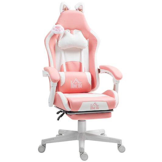 Photo of HOMCOM Cat Ear and Paw Reclining Office Chair, with Footrest - Pink/White in Pink/White colour on a white background