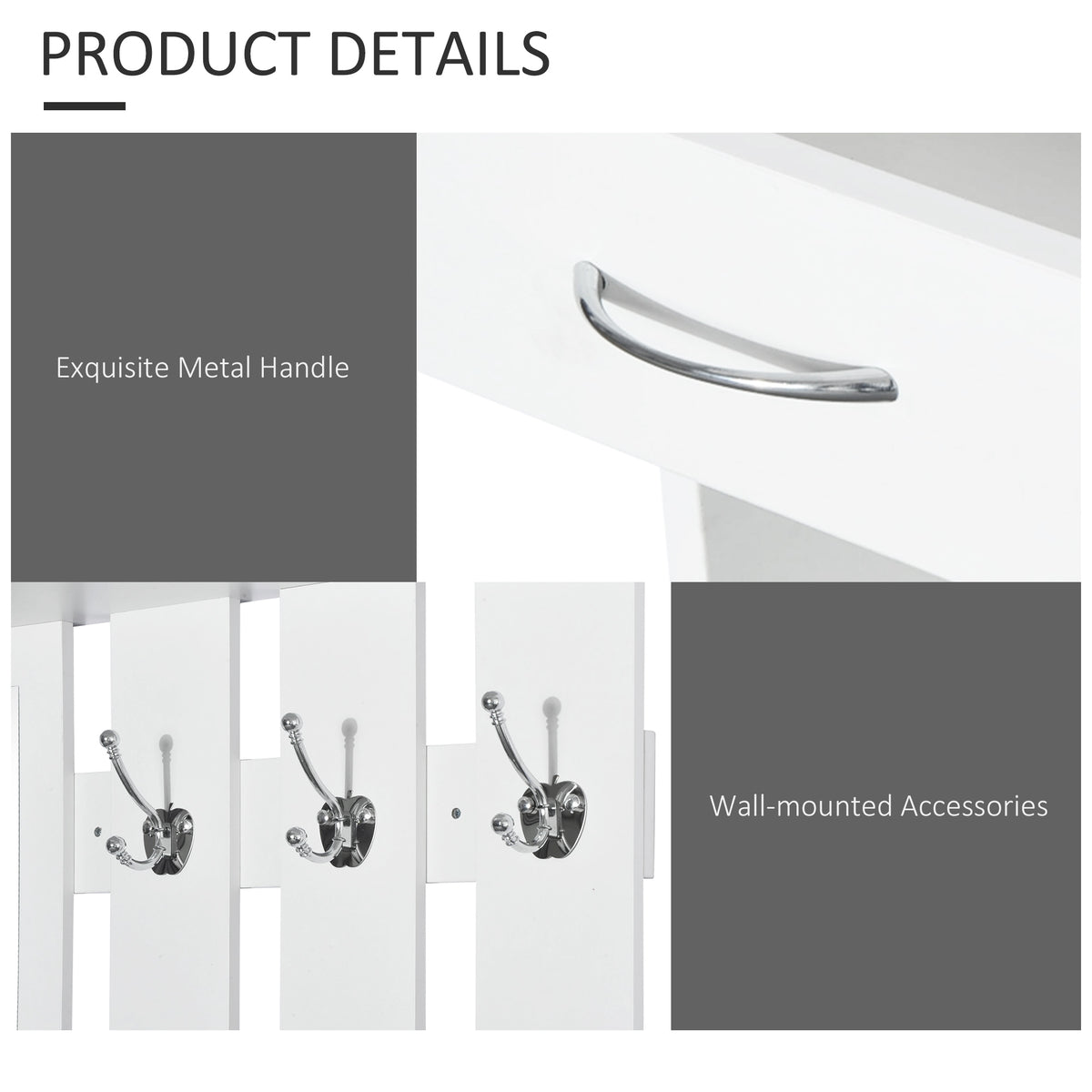 White shoe storage unit with a curved metal drawer handle and chrome wall hooks