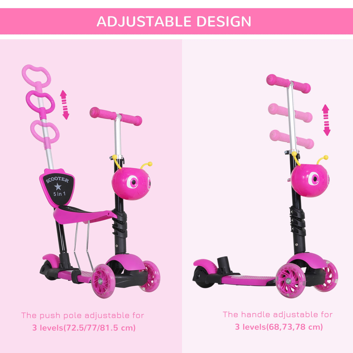 Pink toddler scooter with height-adjustable push pole and handlebar