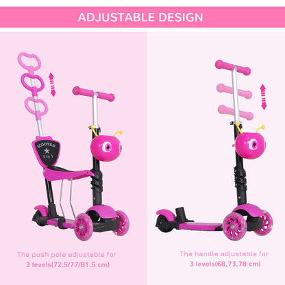 Pink toddler scooter with height-adjustable push pole and handlebar