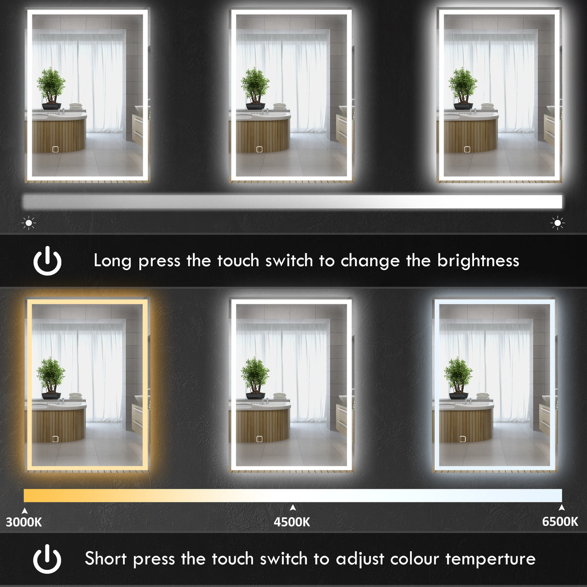 LED bathroom mirror showing adjustable brightness and three color temperature settings